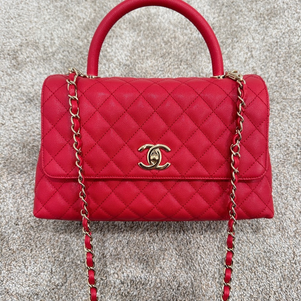 Chanel Coco Handle Medium Size Red Quilted Caviar Leather Handbag